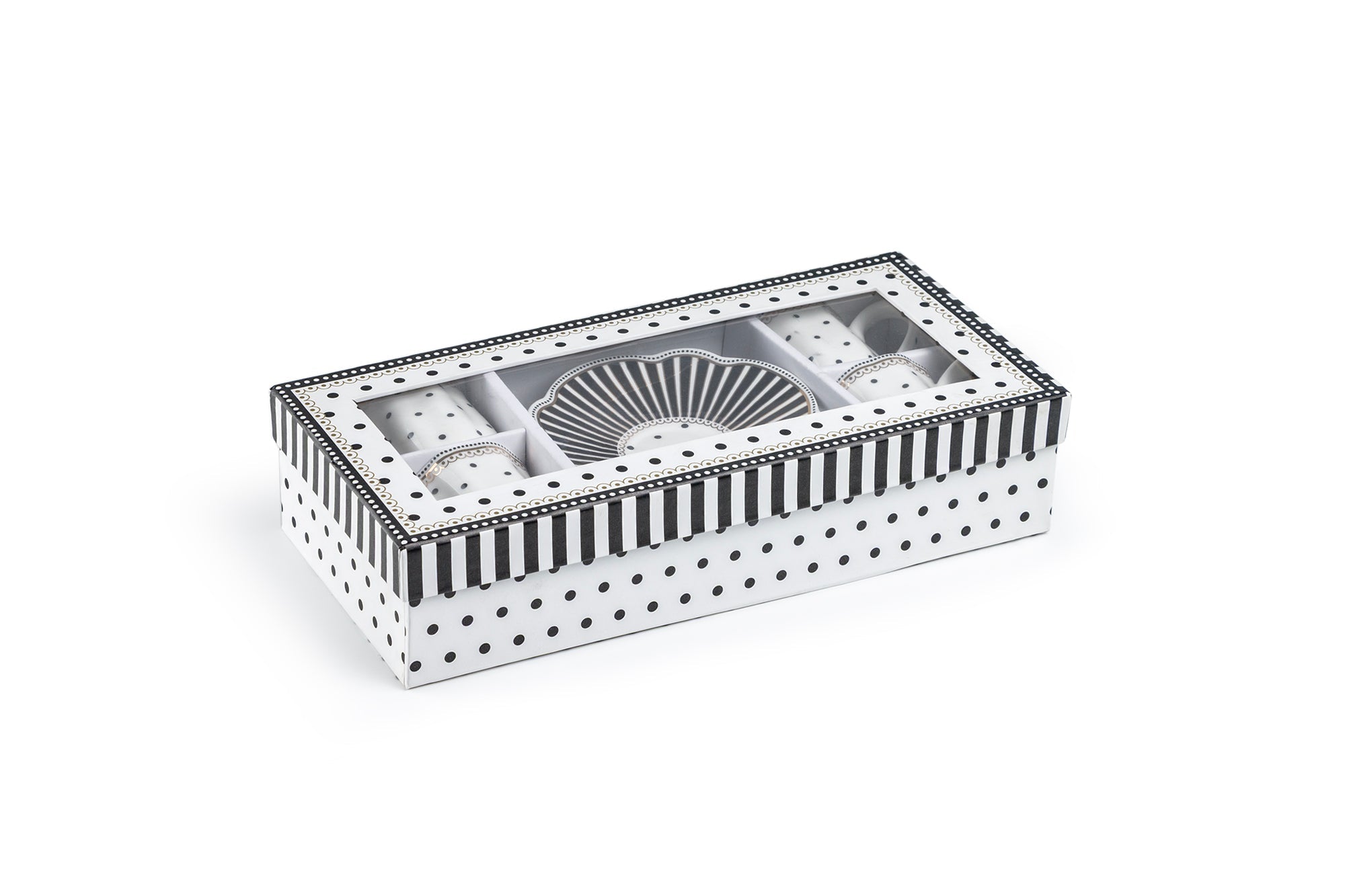 Black Josephine Stripes and Dots 2oz Demitasse Cups and Saucers with Gift Box