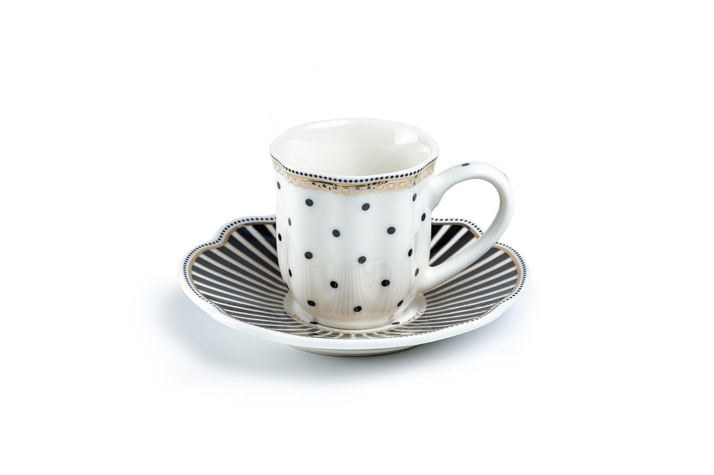 Black Josephine Stripes and Dots 2oz Demitasse Cups and Saucers with Gift Box