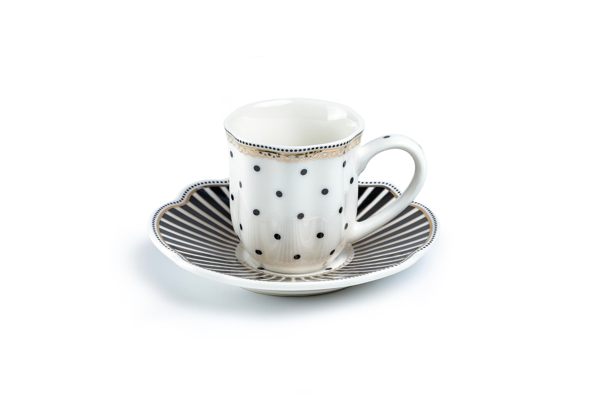 Black Josephine Stripes and Dots 2oz Demitasse Cups and Saucers with Gift Box