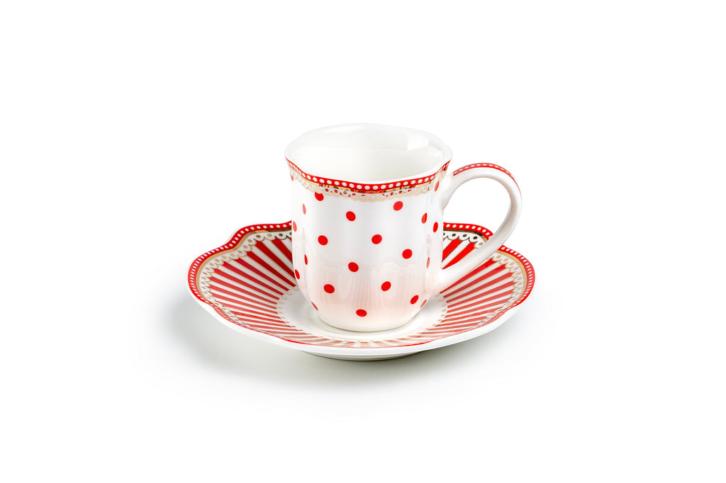 Red Josephine Stripes and Dots 2oz Demitasse Cups and Saucers with Gift Box
