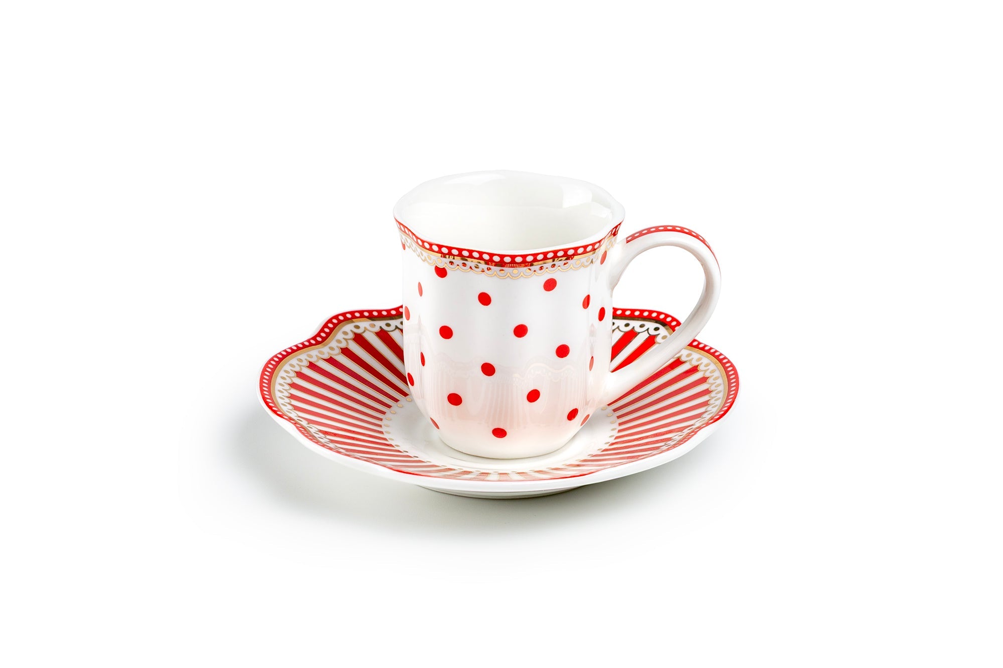 Red Josephine Stripes and Dots 2oz Demitasse Cups and Saucers with Gift Box