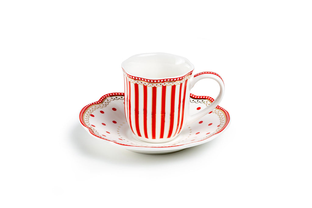 Red Josephine Stripes and Dots 2oz Demitasse Cups and Saucers with Gift Box