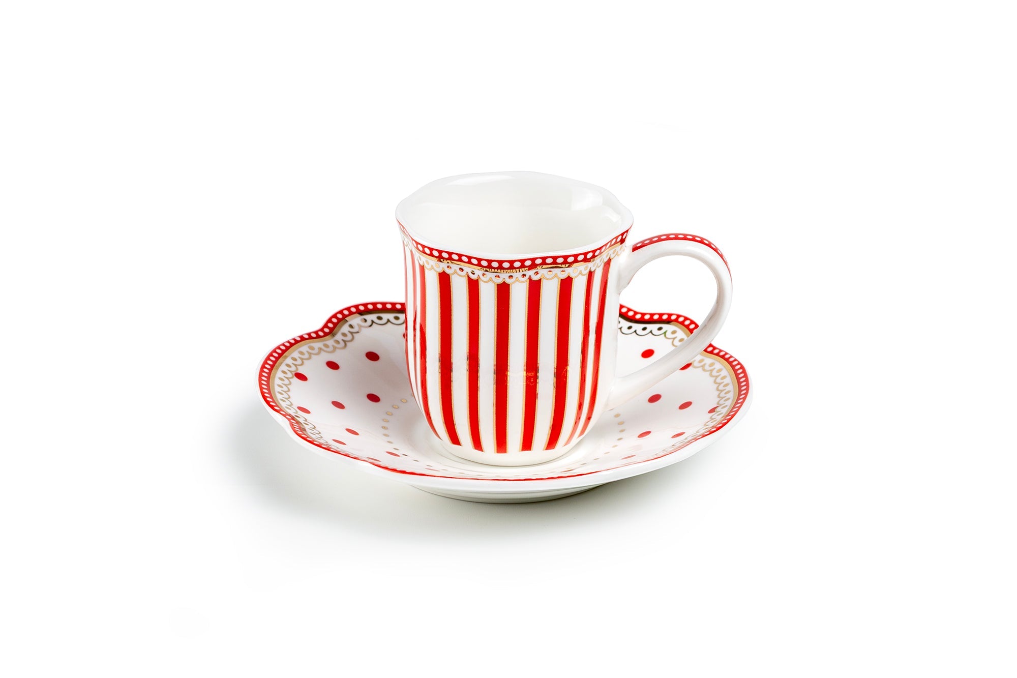 Red Josephine Stripes and Dots 2oz Demitasse Cups and Saucers with Gift Box