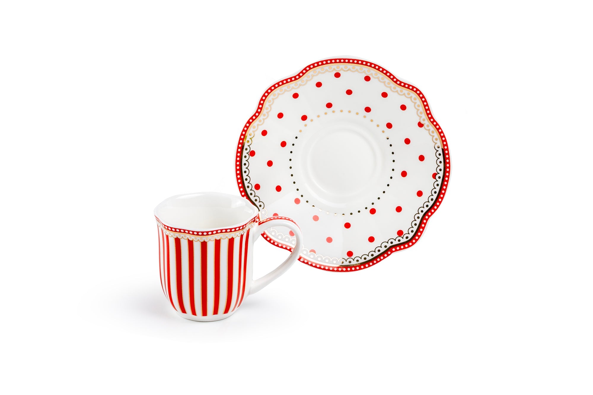 Red Josephine Stripes and Dots 2oz Demitasse Cups and Saucers with Gift Box