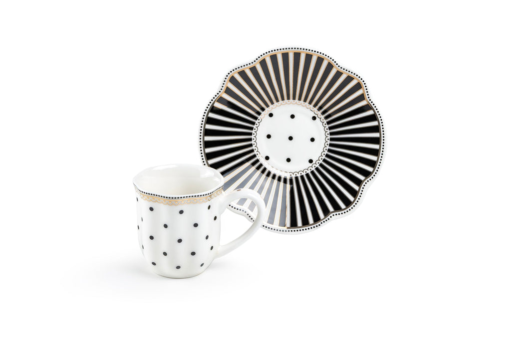 Black Josephine Stripes and Dots 2oz Demitasse Cups and Saucers with Gift Box