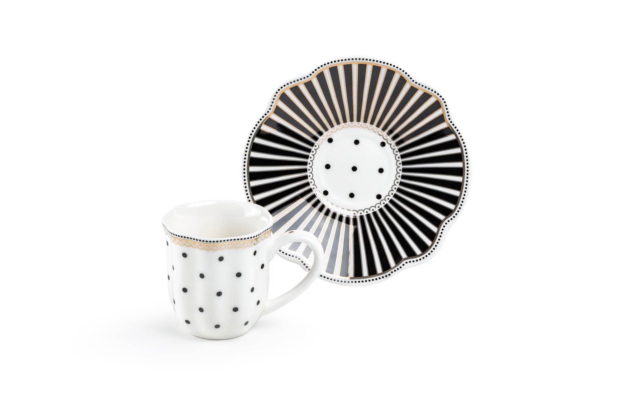 Black Josephine Stripes and Dots 2oz Demitasse Cups and Saucers with Gift Box