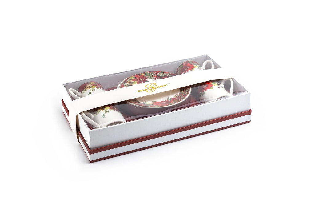 Poinsettia Pine Cone 3oz Demitasse Cups and Saucers with Gift Box