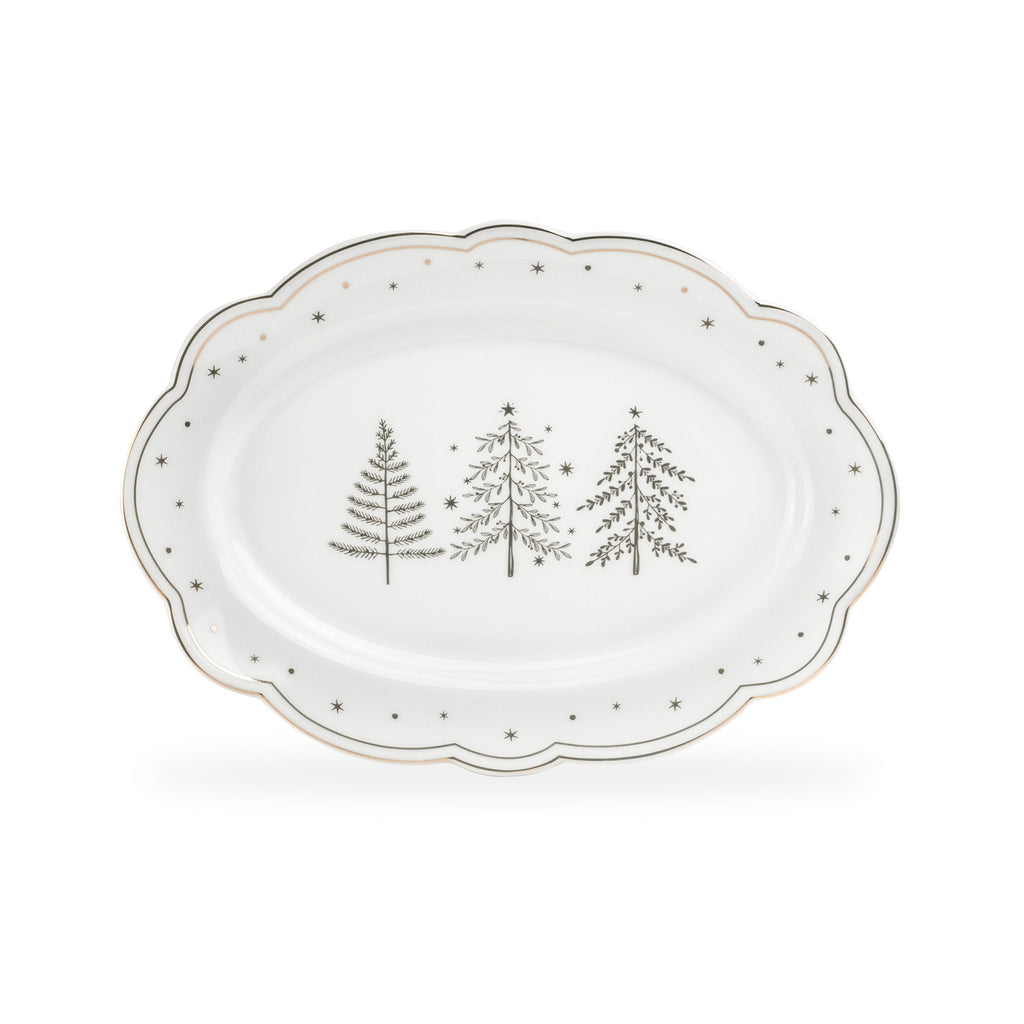 14" Holiday Gold Pine Fine Porcelain Oval Serving Platter