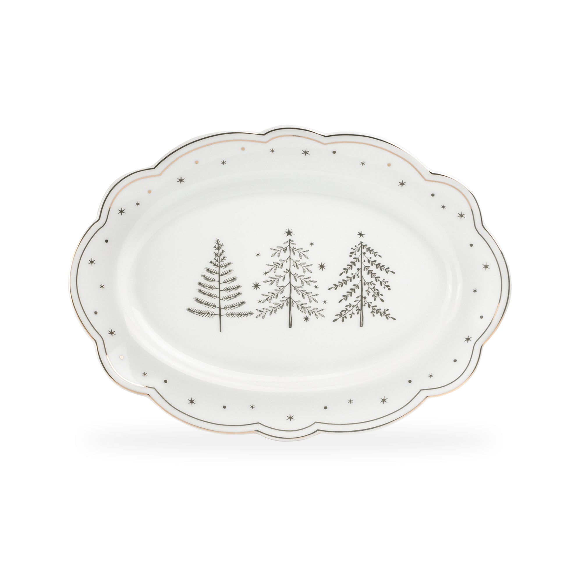 14" Holiday Gold Pine Fine Porcelain Oval Serving Platter