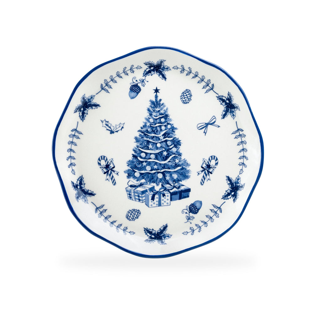 Blue Holly Christmas Tree Dessert/Dinner Plate