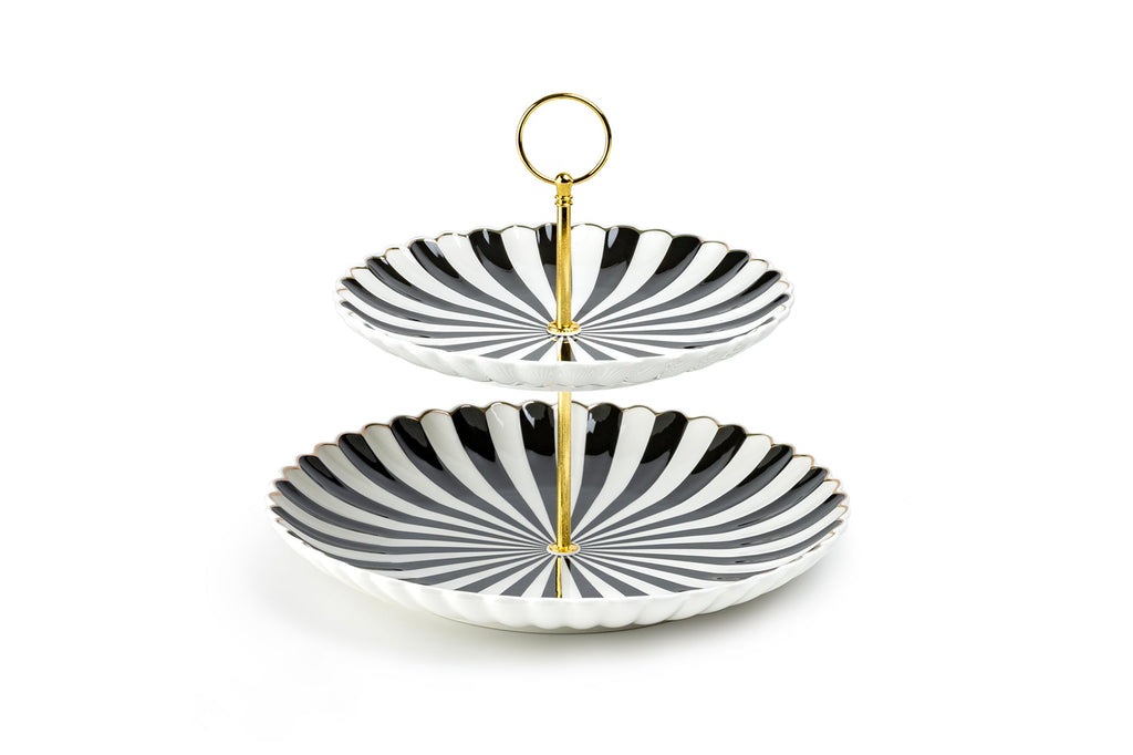 Black and White Stripe Scallop Fine Porcelain 2-Tier Server