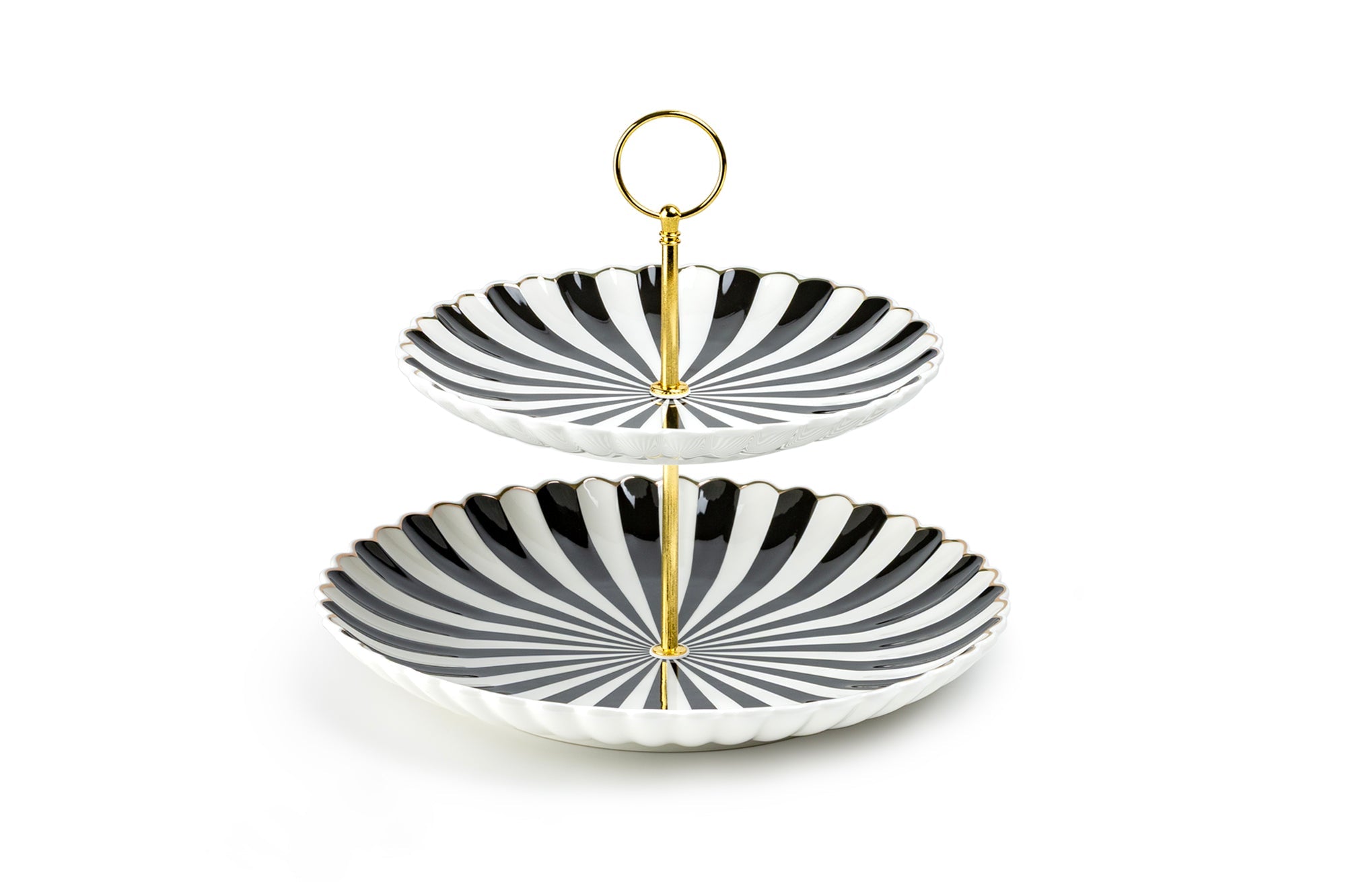 Black and White Stripe Scallop Fine Porcelain 2-Tier Server