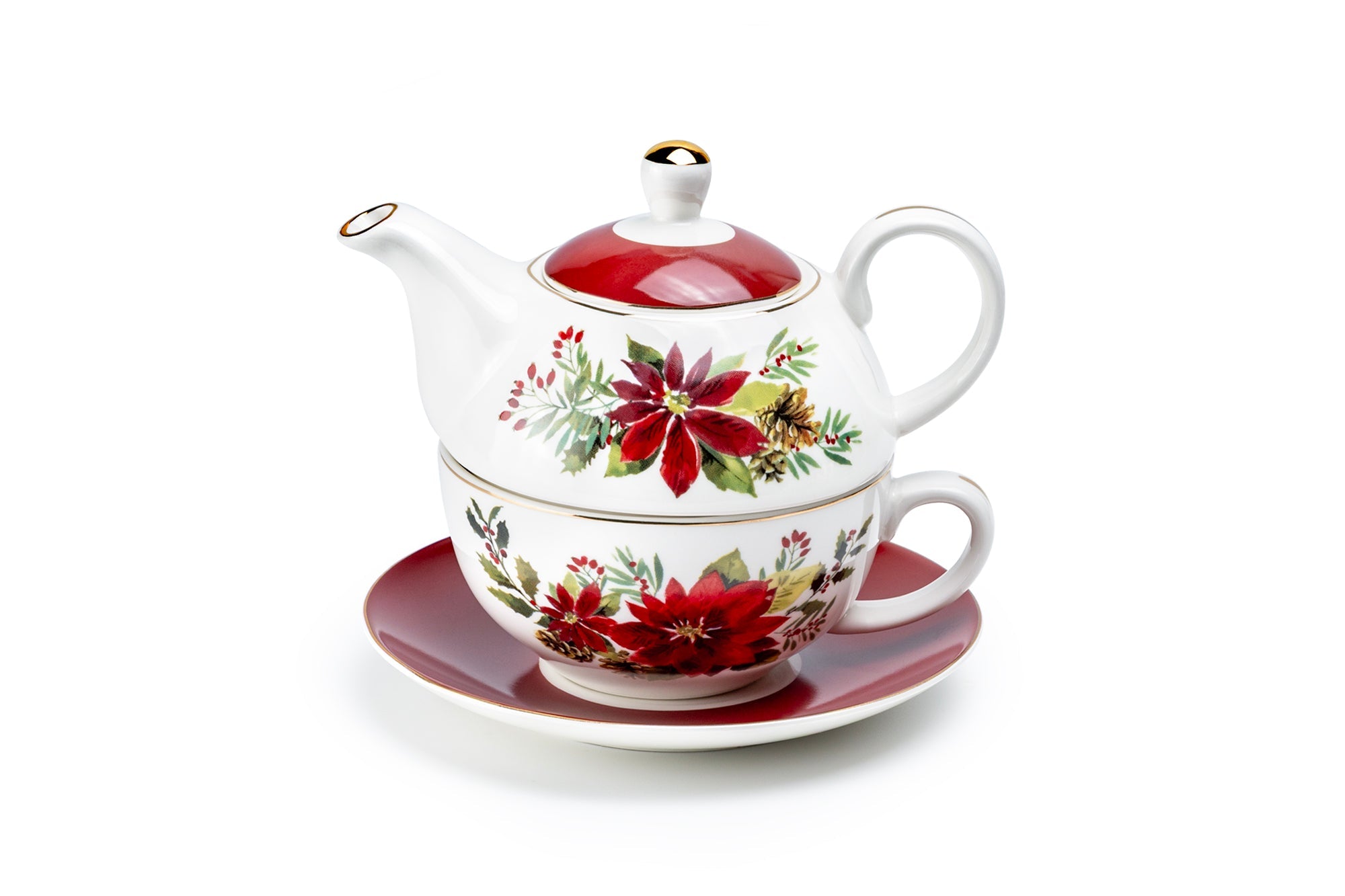 Poinsettia Pine Cone Fine Porcelain Tea For One Set