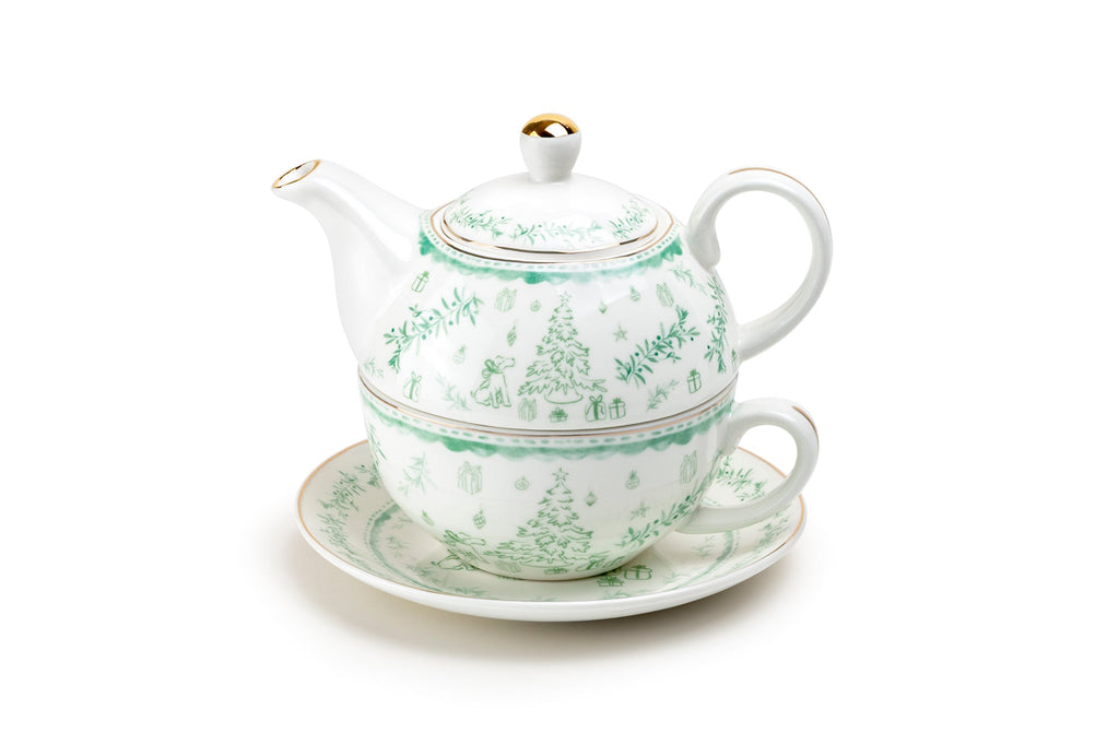 Festive Pup and Tree Fine Porcelain Tea For One Set