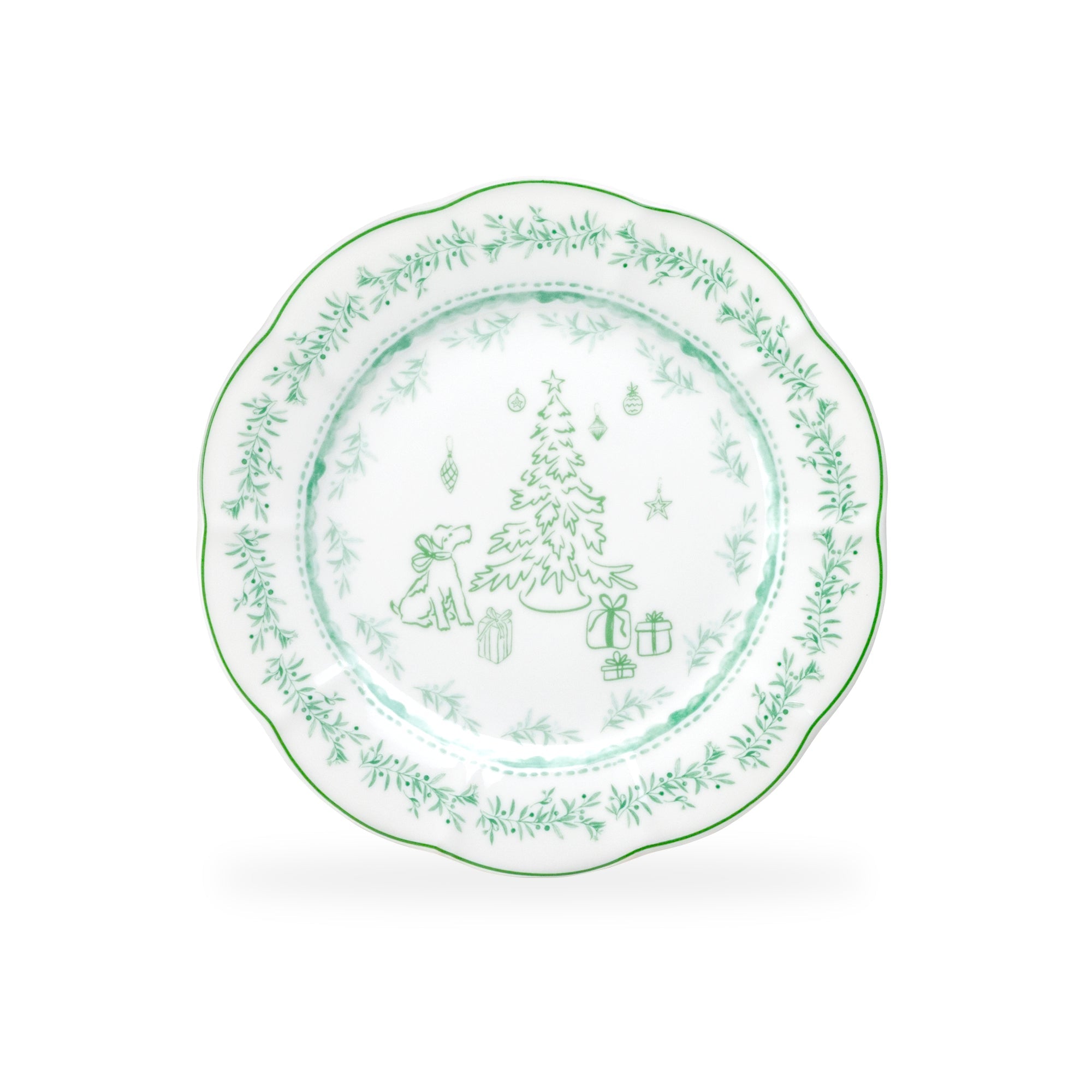 Festive Pup and Tree Fine Porcelain Dessert/Dinner Plate