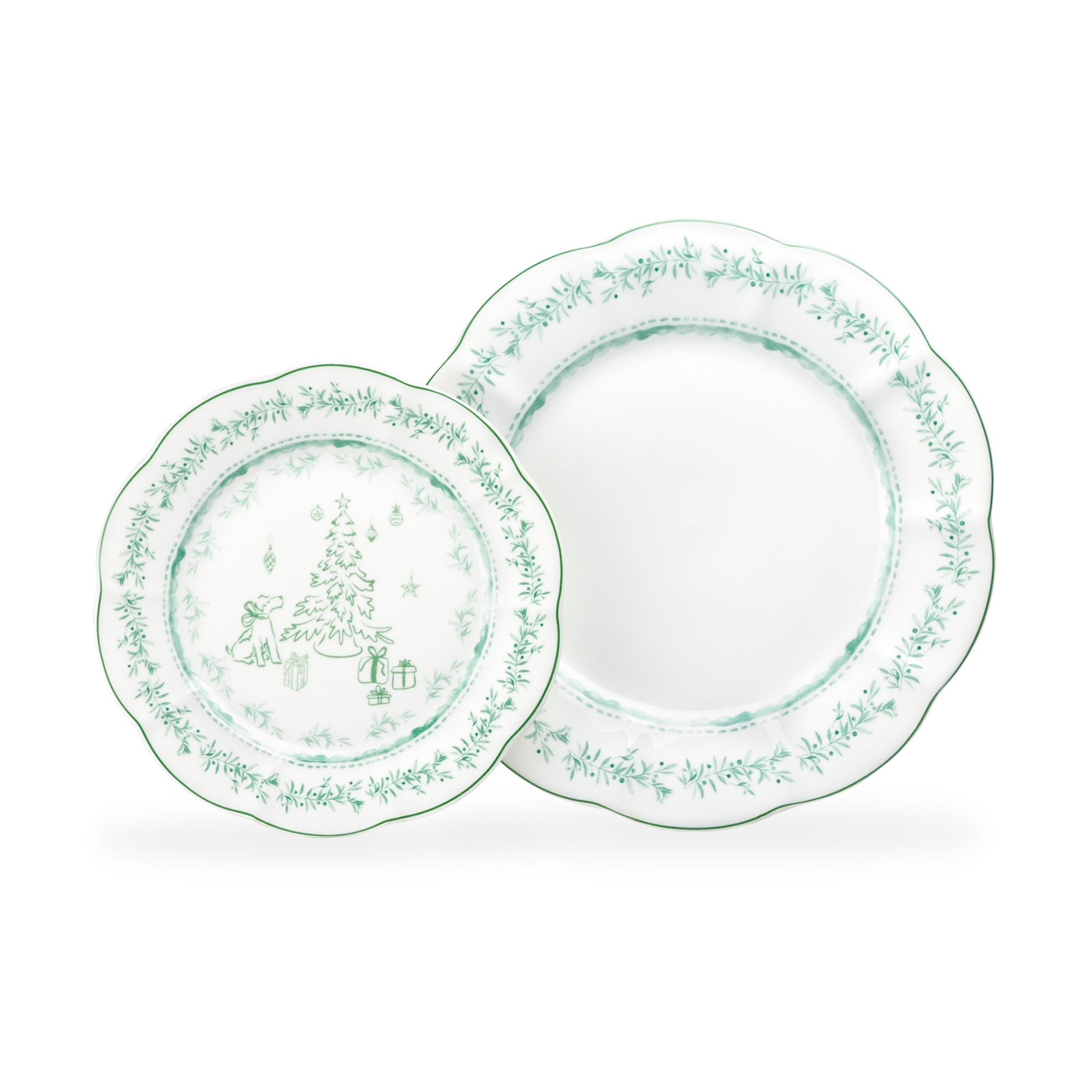 Festive Pup and Tree Fine Porcelain Dessert/Dinner Plate