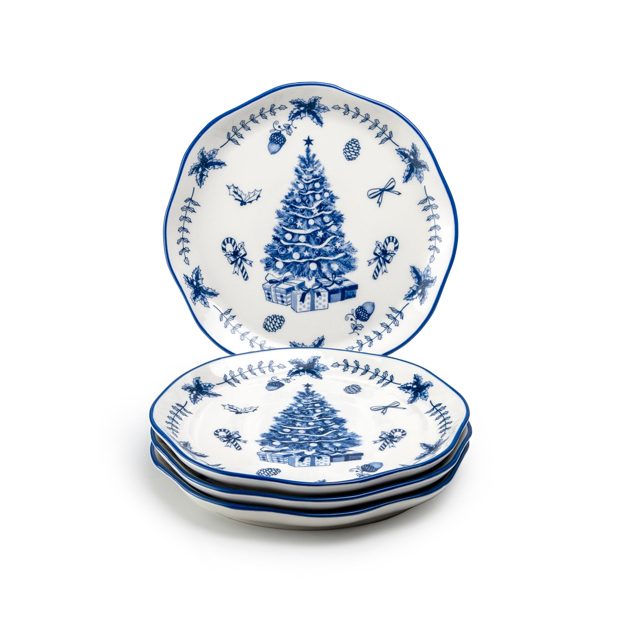 Blue Holly Christmas Tree Dessert/Dinner Plate