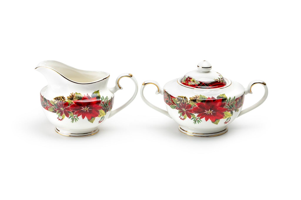 Poinsettia Pine Cone Fine Porcelain Sugar & Creamer Set