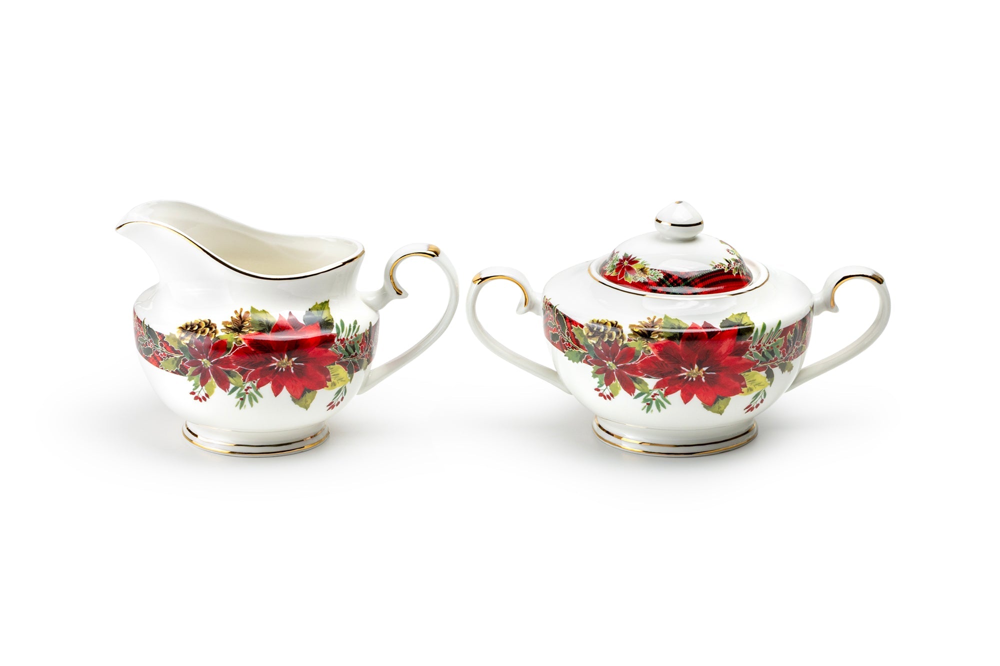 Poinsettia Pine Cone Fine Porcelain Sugar & Creamer Set