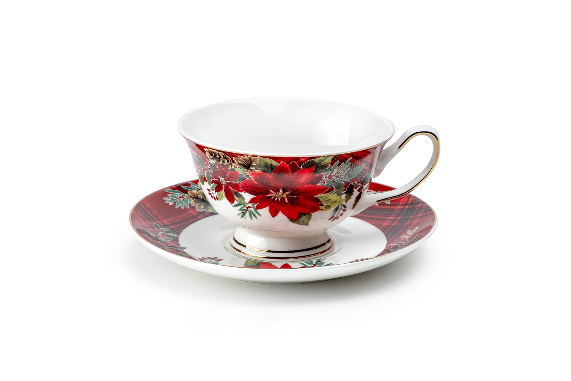 Poinsettia Pine Cone Fine Porcelain Tea Cup and Saucer