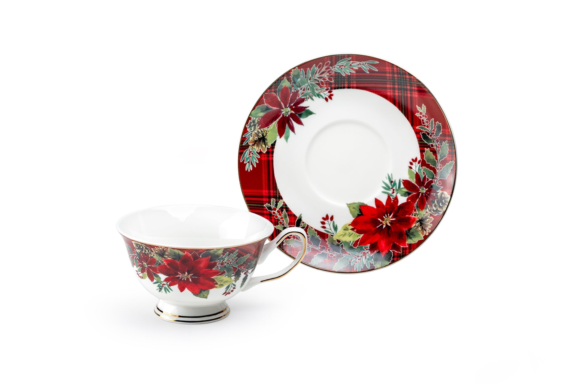 Poinsettia Pine Cone Fine Porcelain Tea Cup and Saucer