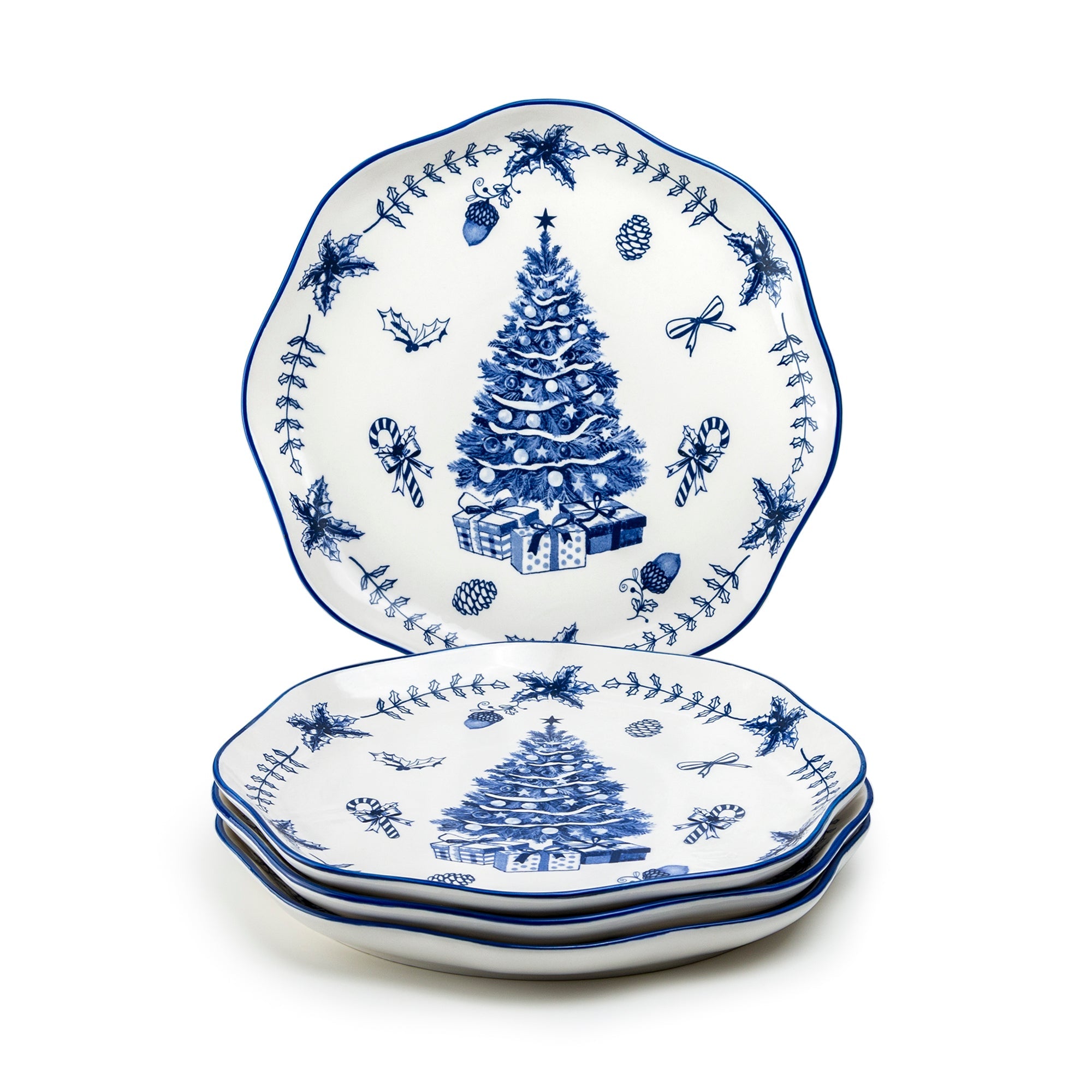 Blue Holly Christmas Tree Dessert/Dinner Plate
