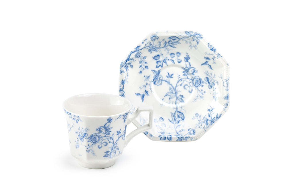 Blue Rose Octagonal Fine Porcelain Cup and Saucer
