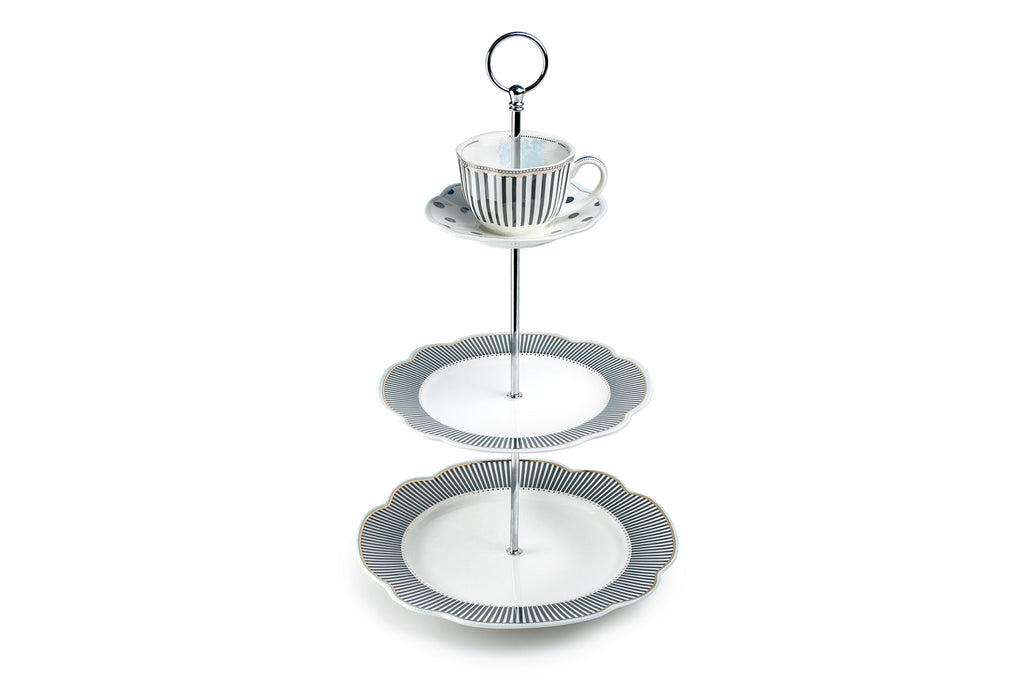 Dark Gray Stripes with Gold Dots Scallop Fine Porcelain 3-Tier Server