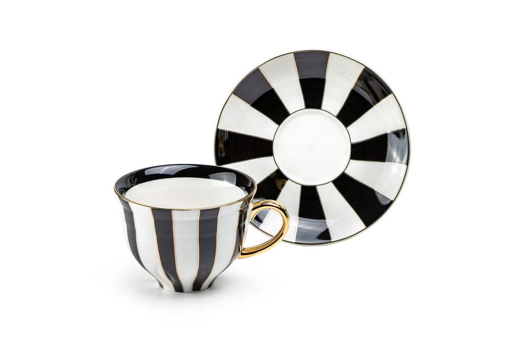 Black Carousel Stripes Fine Porcelain Cup and Saucer - 10oz