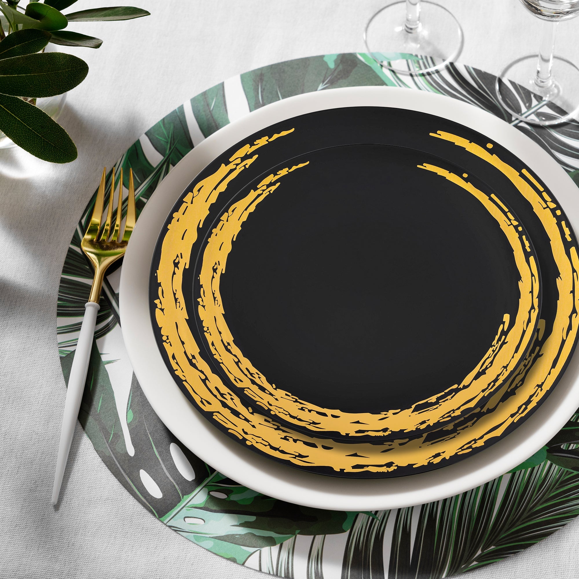 Black with Gold Moonlight Round Disposable Plastic Dinnerware Value Set