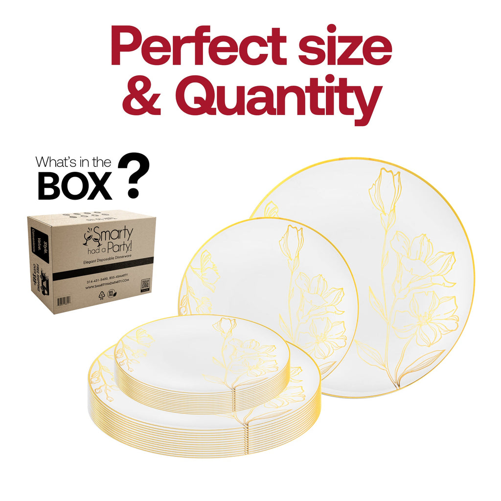 White with Gold Antique Floral Round Disposable Plastic Dinnerware Value Set