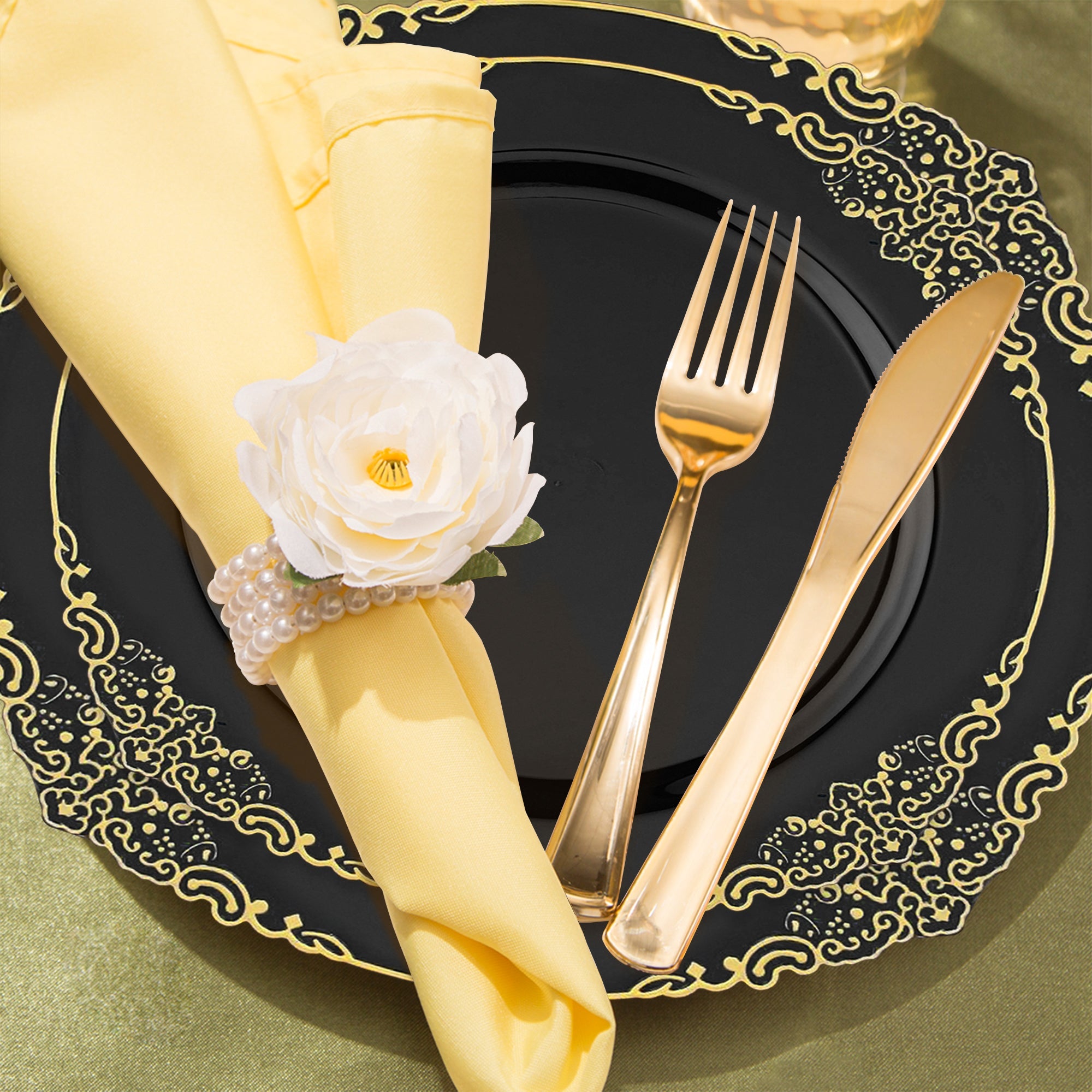 Black with Gold Fancy Round Disposable Plastic Wedding Value Set
