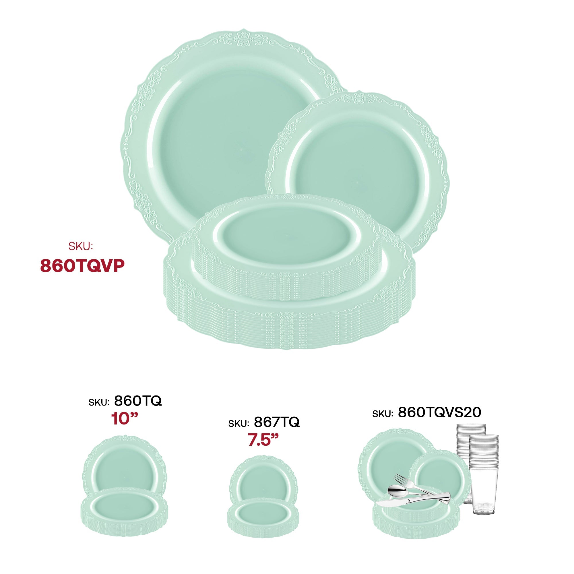 Turquoise Vintage Round Disposable Plastic Dinnerware Value Set