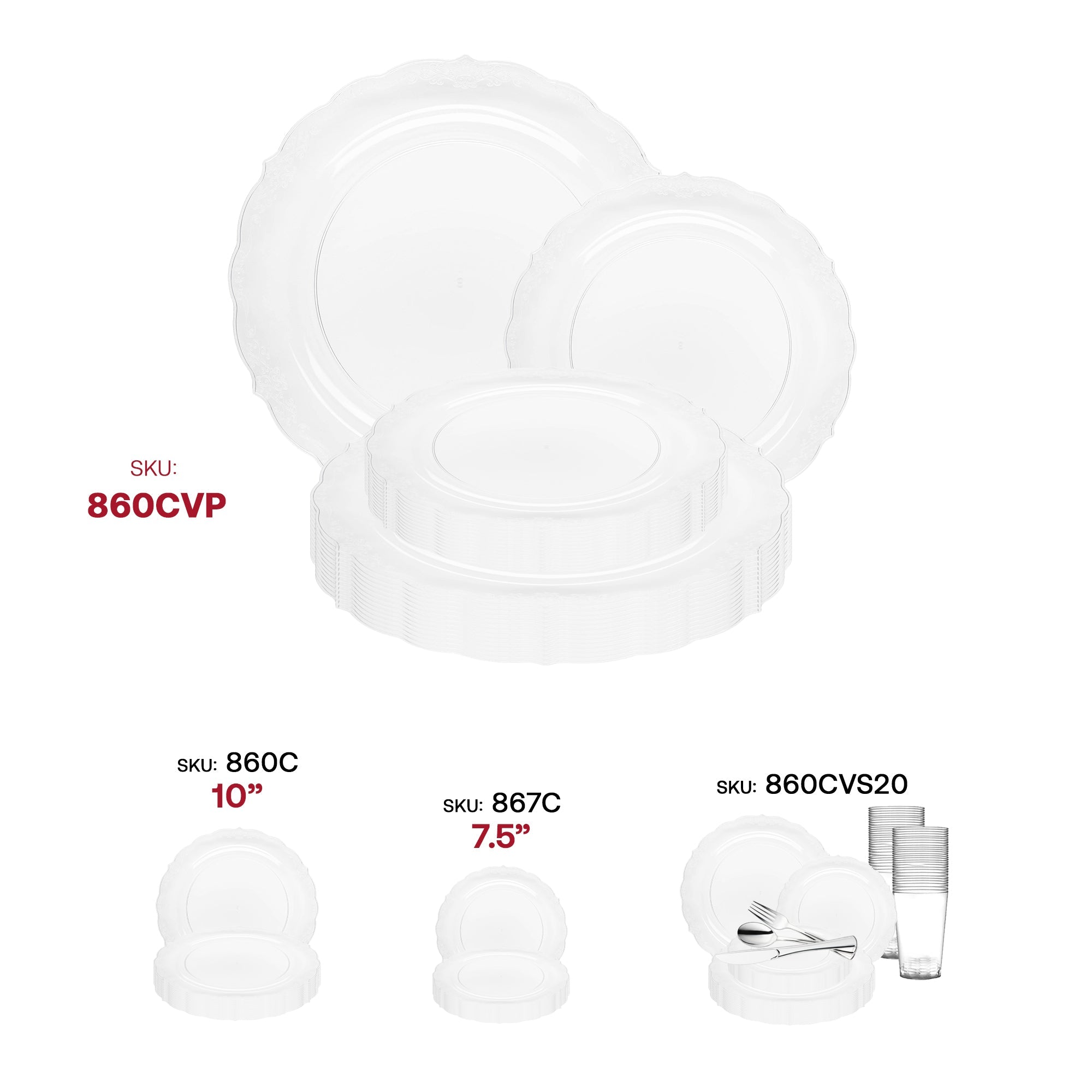 Clear Vintage Round Disposable Plastic Dinnerware Value Set