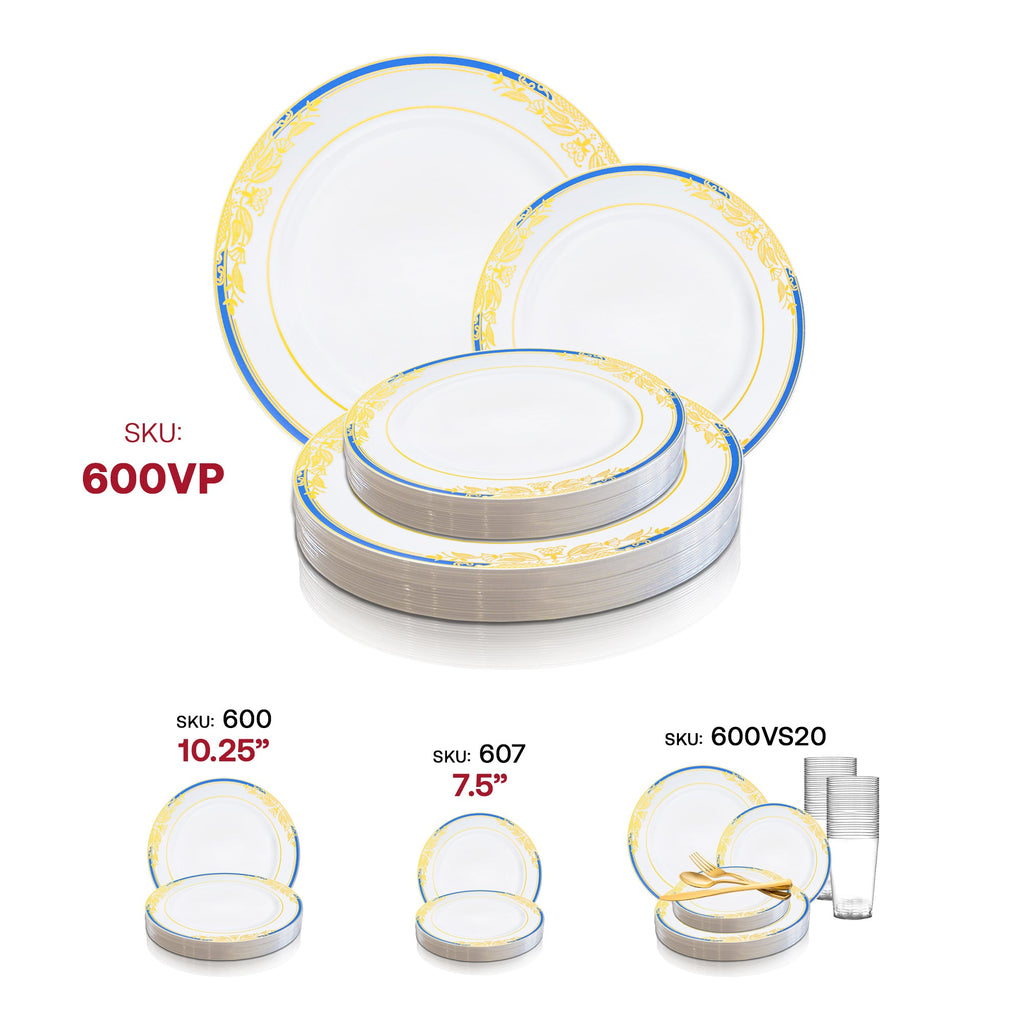 White with Blue and Gold Harmony Rim Plastic Dinnerware Value Set
