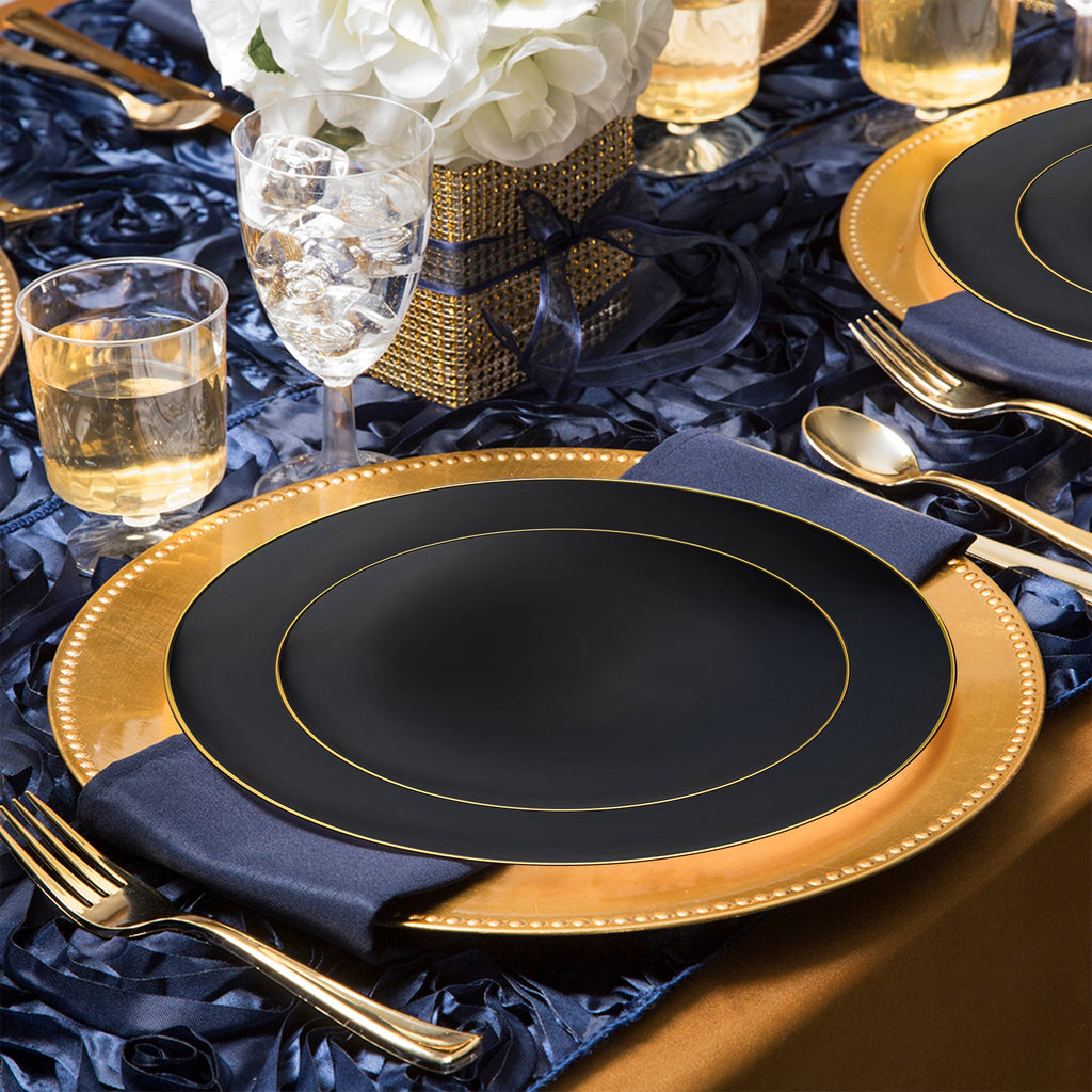 Black with Gold Rim Organic Round Disposable Plastic Wedding Value Set