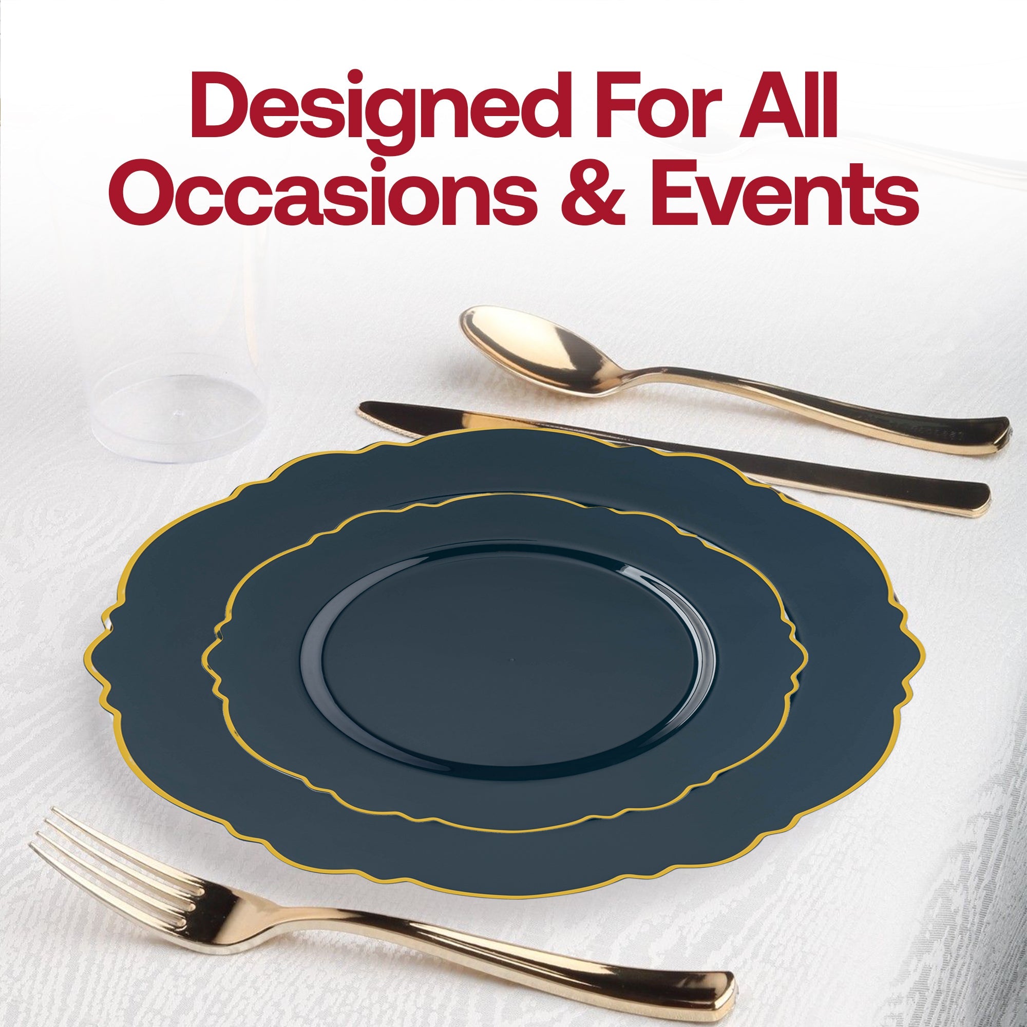 Navy with Gold Rim Round Blossom Disposable Plastic Wedding Value Set