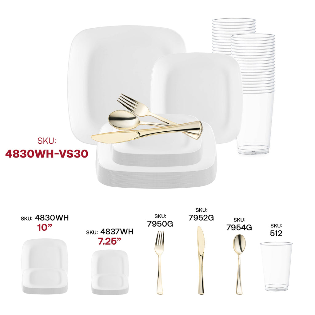 Solid White Flat Rounded Square Disposable Plastic Wedding Value Set