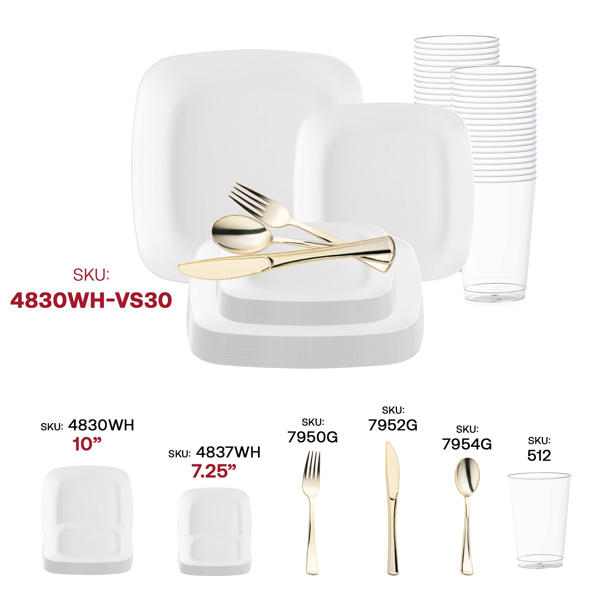 Solid White Flat Rounded Square Disposable Plastic Wedding Value Set