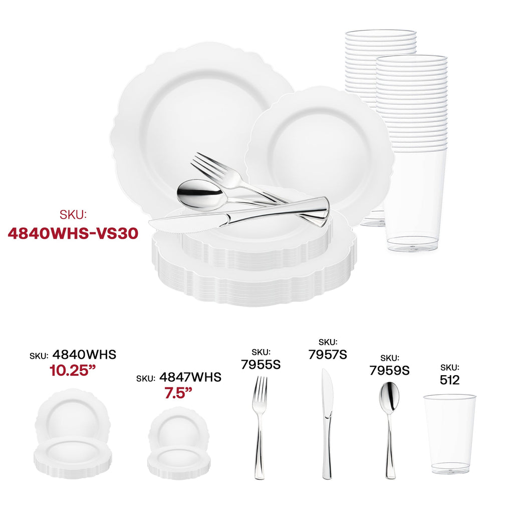 White with Silver Rim Round Blossom Disposable Plastic Wedding Value Set