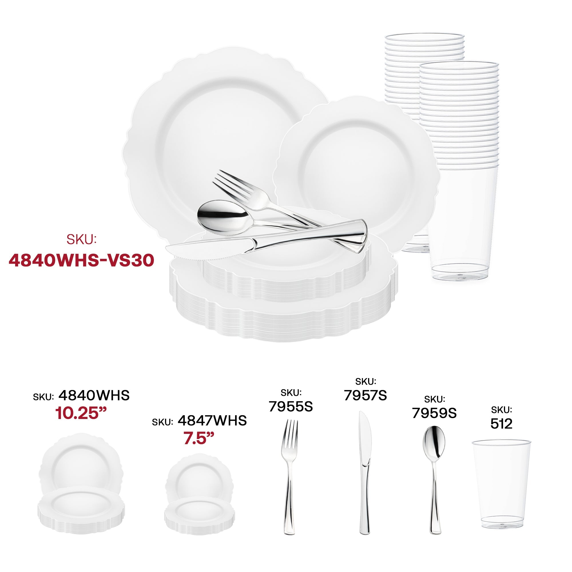 White with Silver Rim Round Blossom Disposable Plastic Wedding Value Set