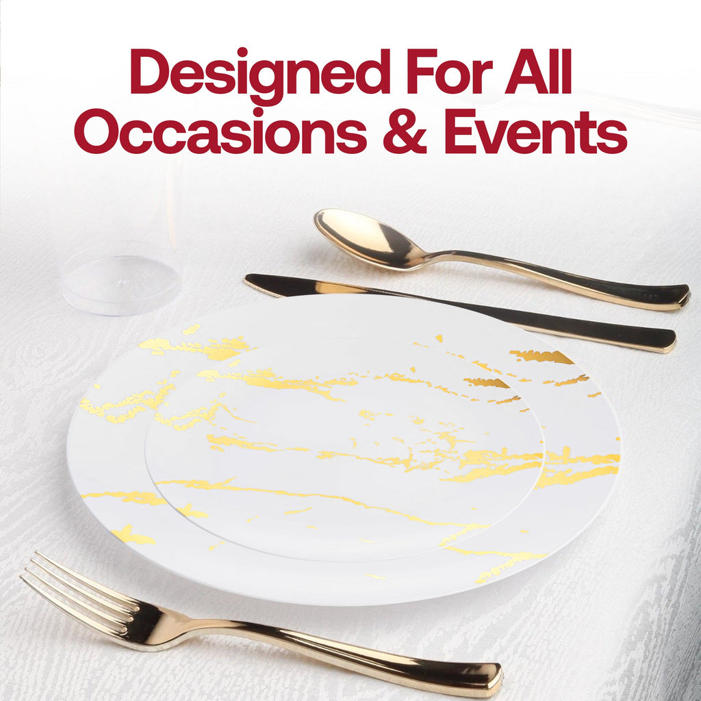 White with Gold Marble Stroke Round Disposable Plastic Wedding Value Set