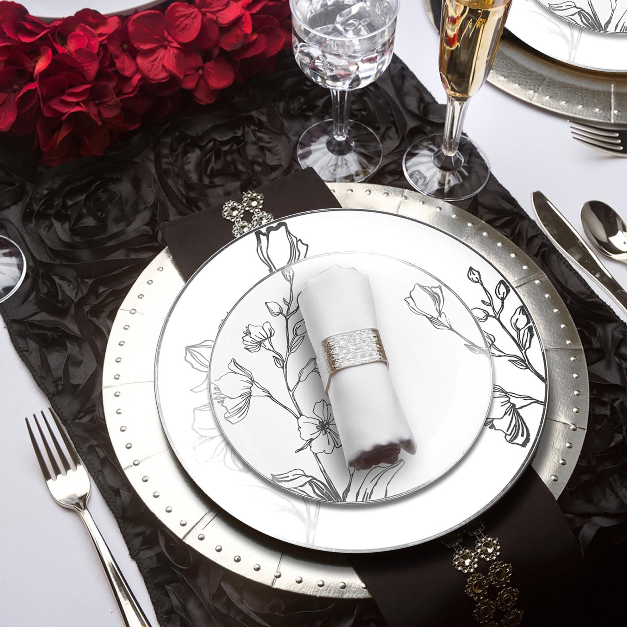 White with Silver Antique Floral Round Disposable Plastic Wedding Value Set