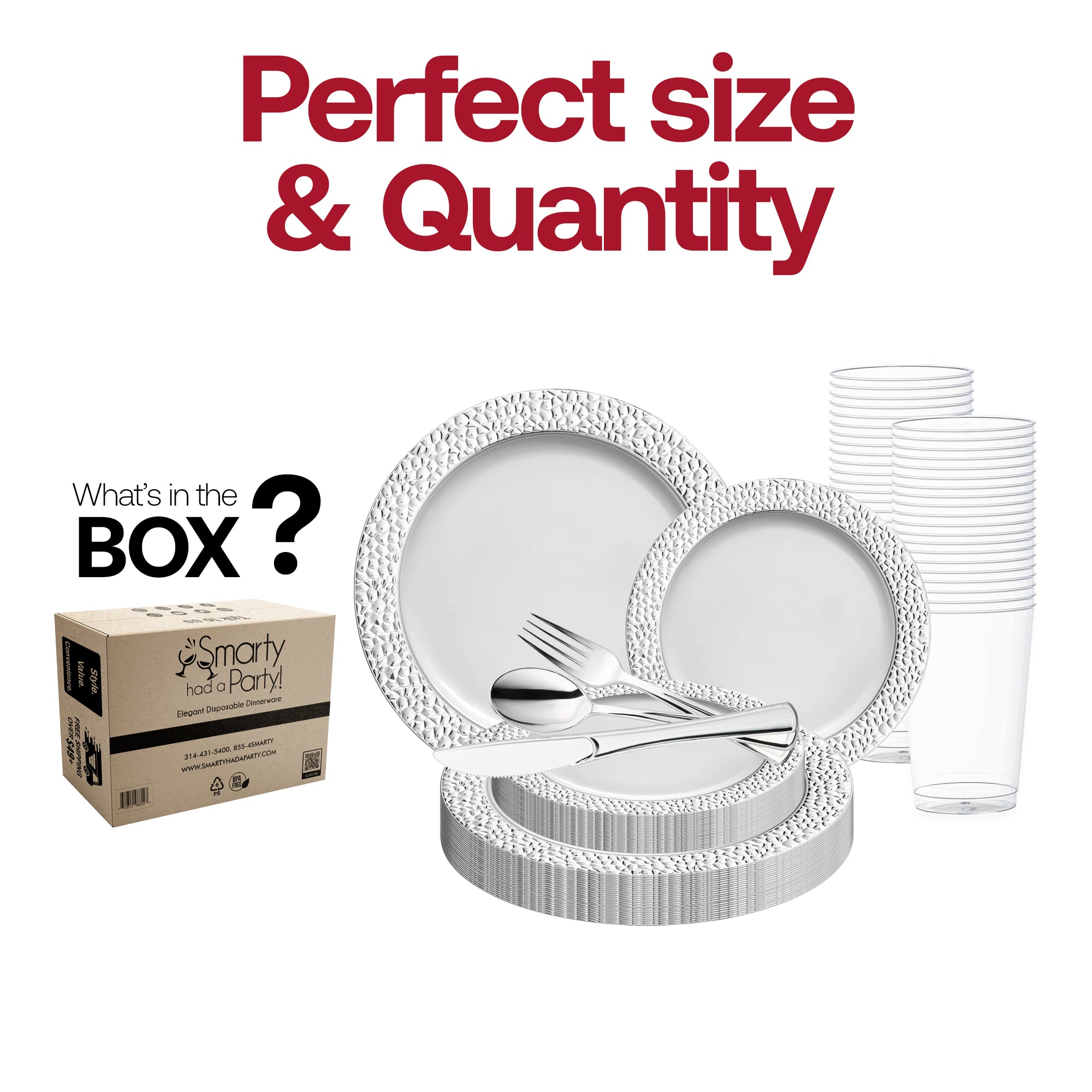 White with Silver Hammered Rim Round Plastic Wedding Value Set