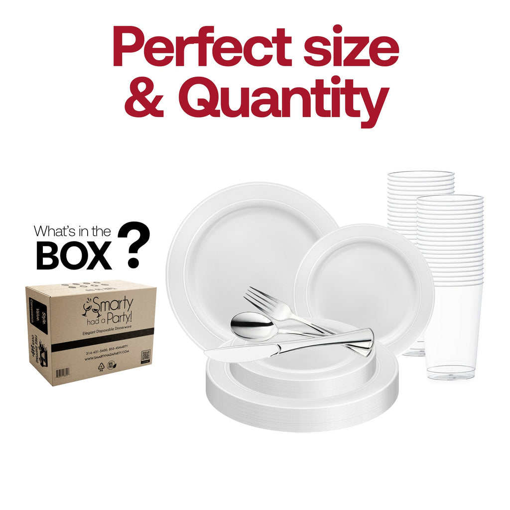 White with Silver Edge Rim Plastic Wedding Value Set