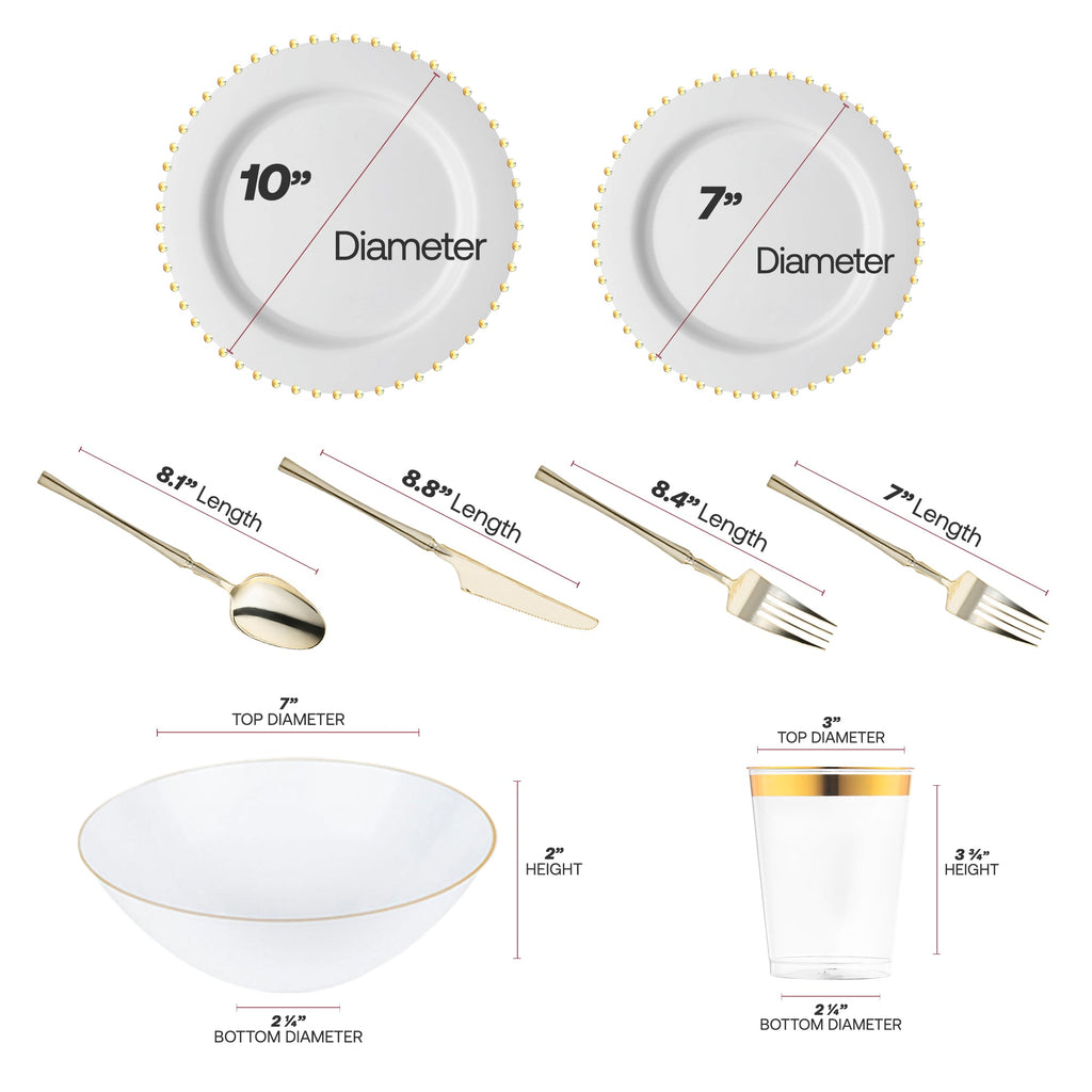 White with Gold Pearl String Round Disposable Plastic Tableware Set