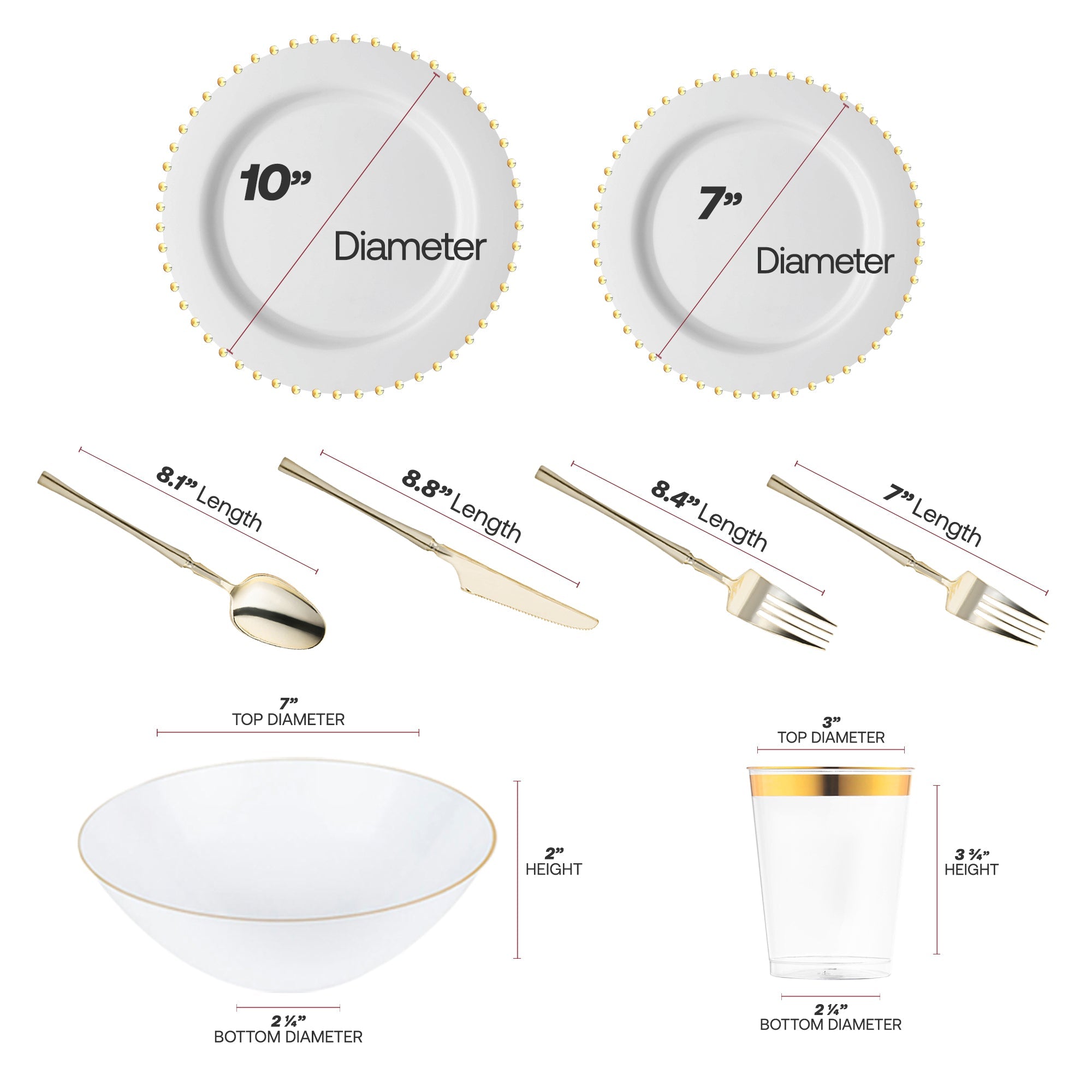 White with Gold Pearl String Round Disposable Plastic Tableware Set