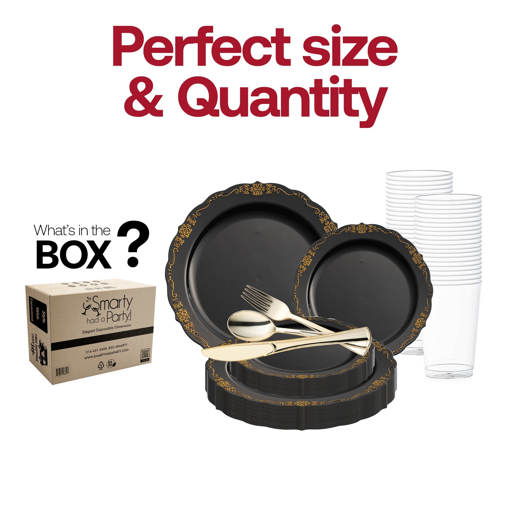 Black with Gold Vintage Rim Round Disposable Plastic Wedding Value Set