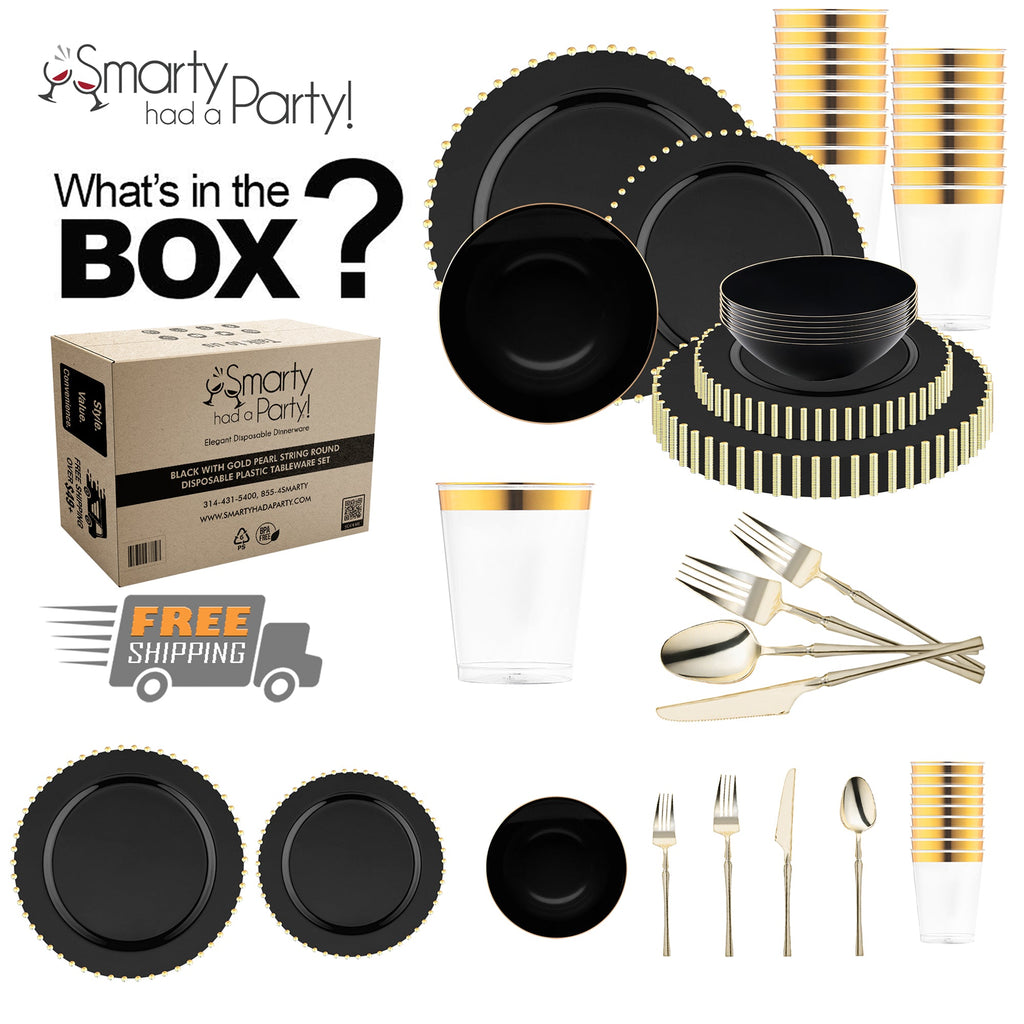Black with Gold Pearl String Round Disposable Plastic Tableware Set