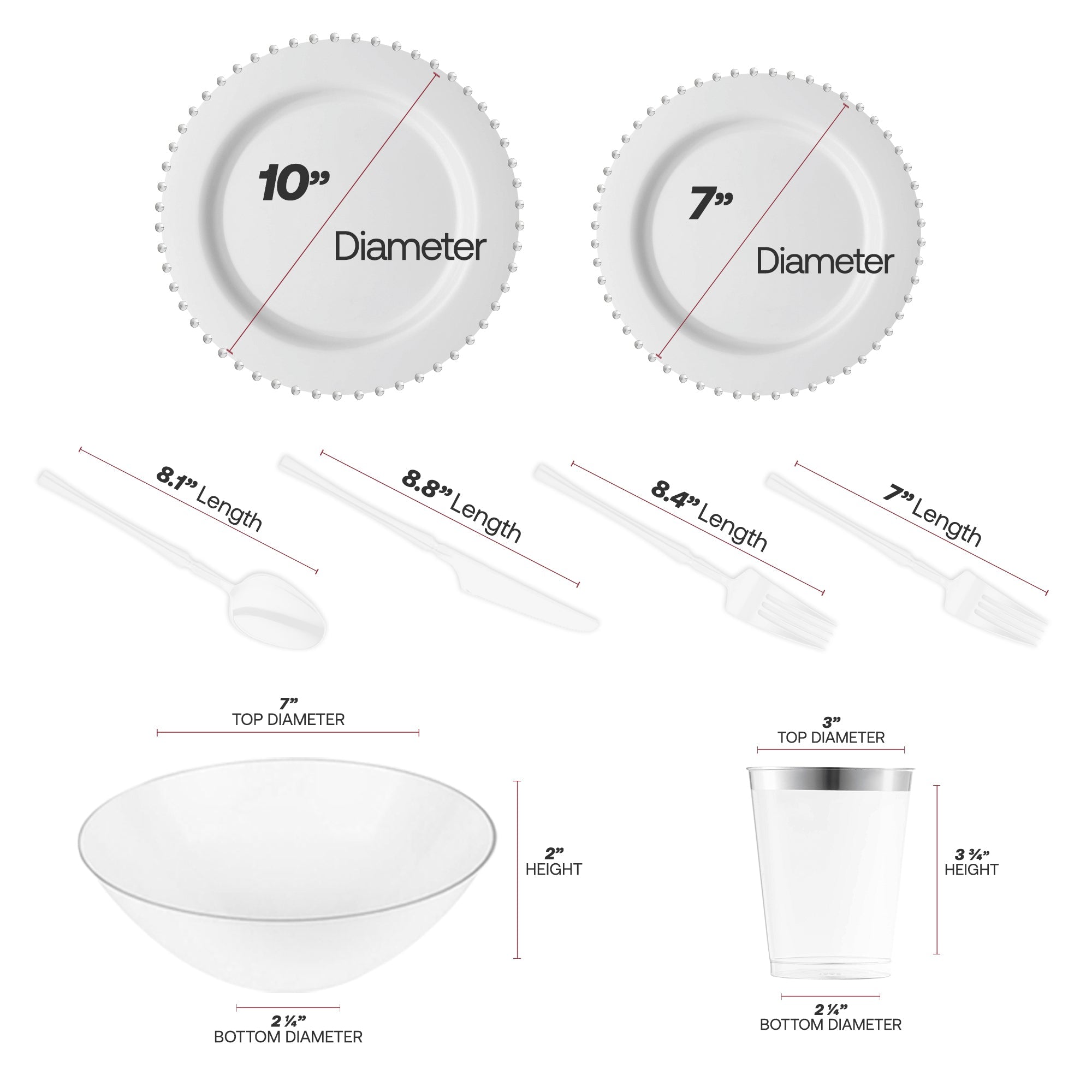White with Silver Pearl String Round Disposable Plastic Tableware Set